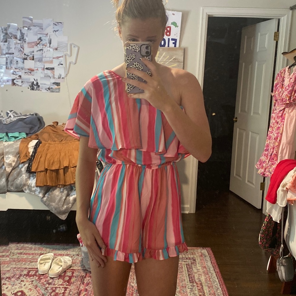 Pink Lily Striped Beach Romper